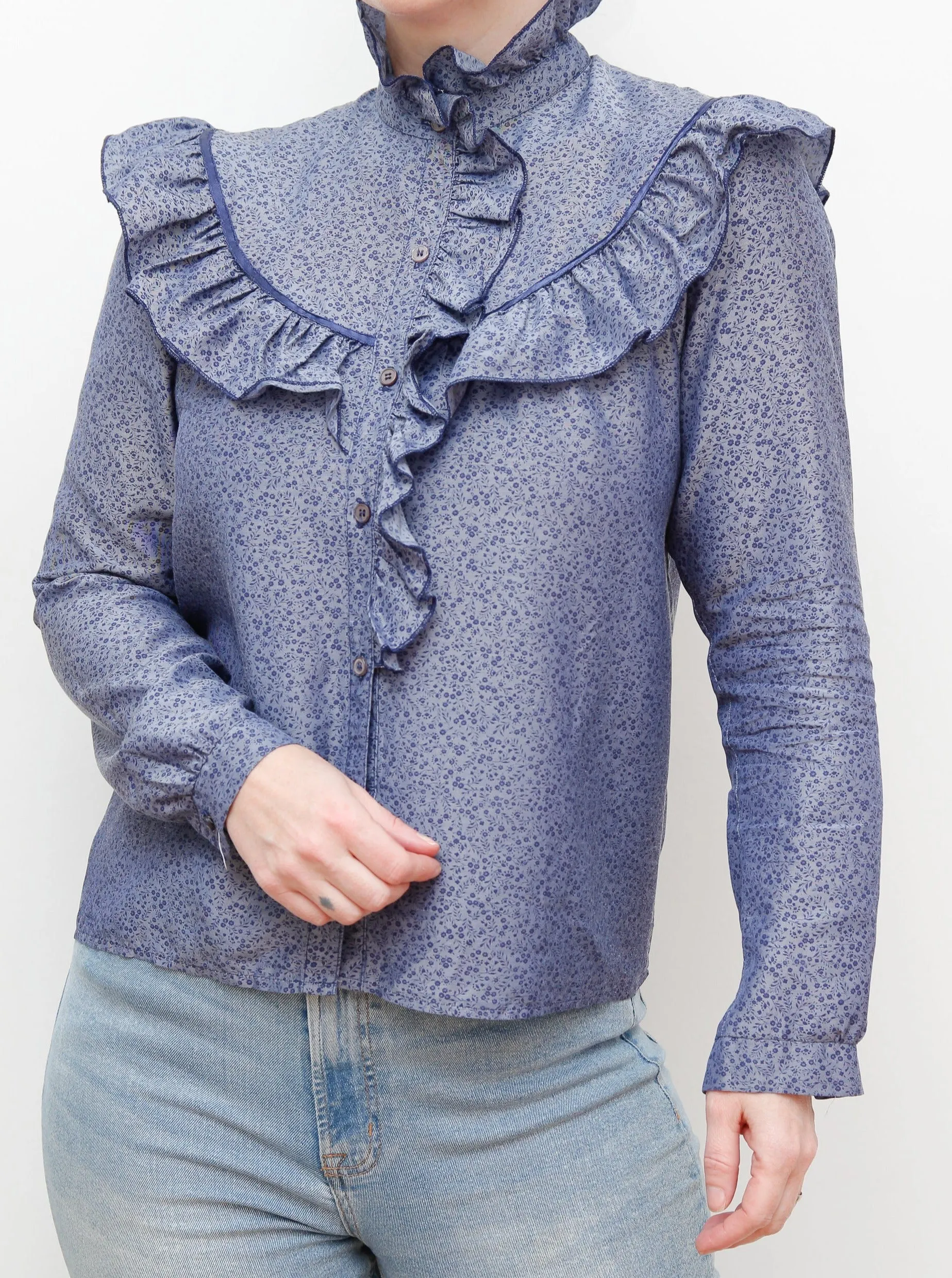 1970's Prairie Ditsy Floral Frilly Victorian Blouse