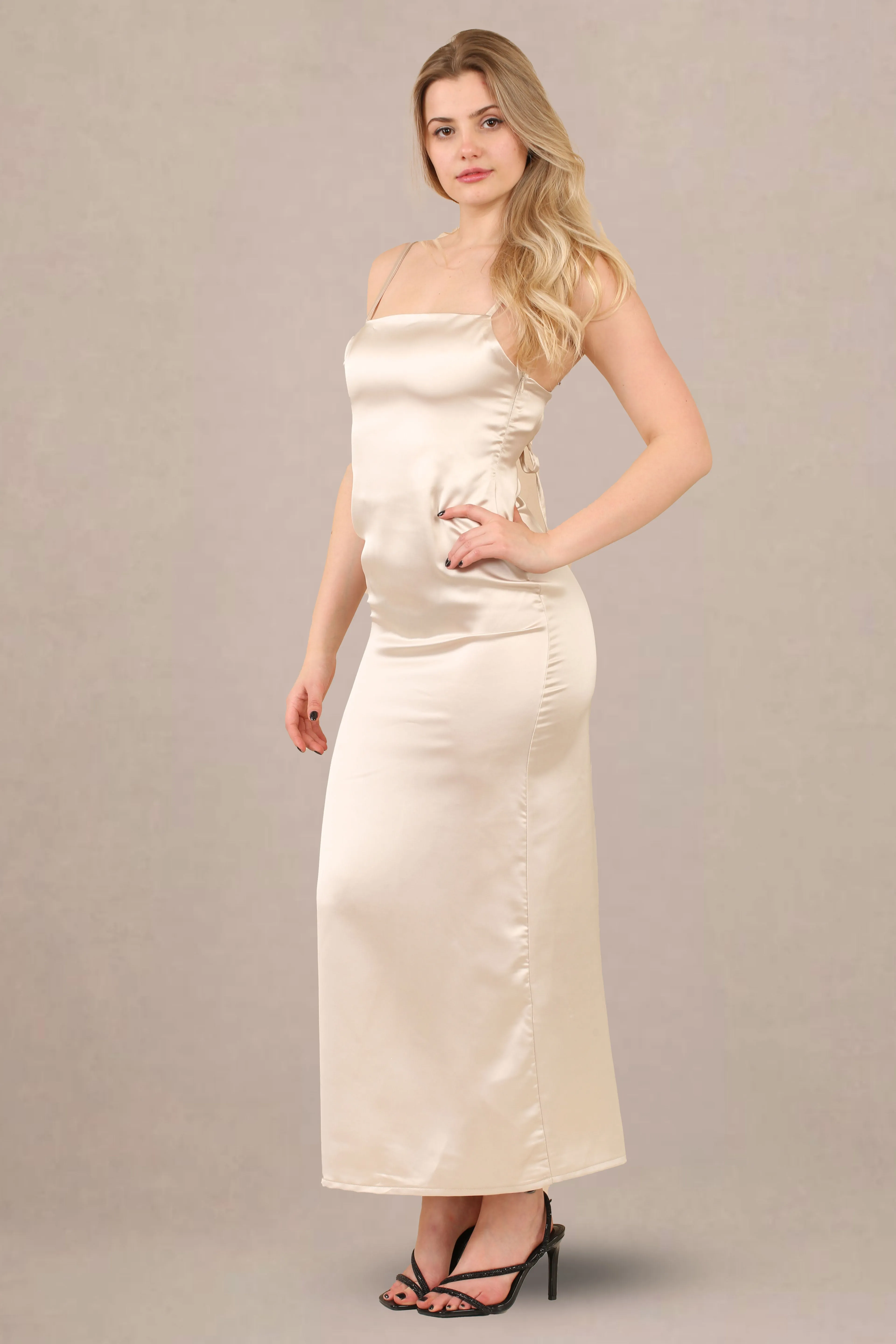 Avinci Beige Silky Satin Midi Dress