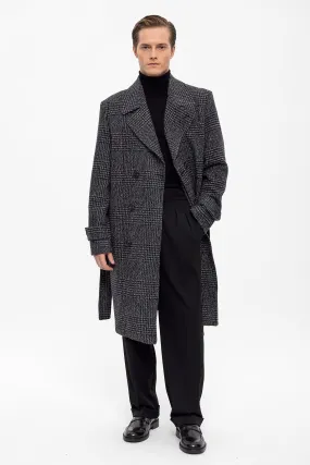 Belted Double Breasted Closure Plaid Men's Coat - Wessi