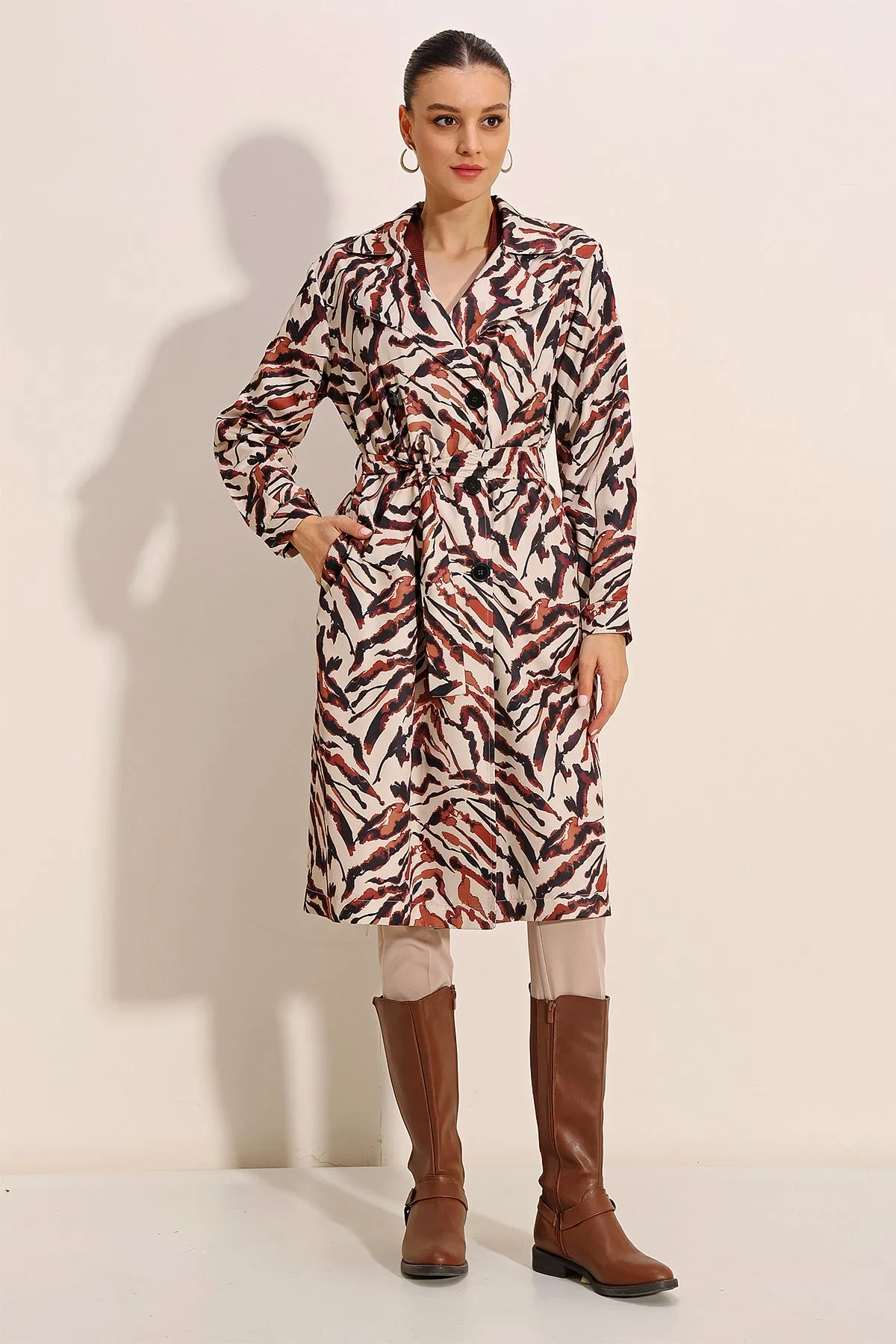 BGD Women Patterned Double Breasted Trench Coat - C. Beige - Avondale