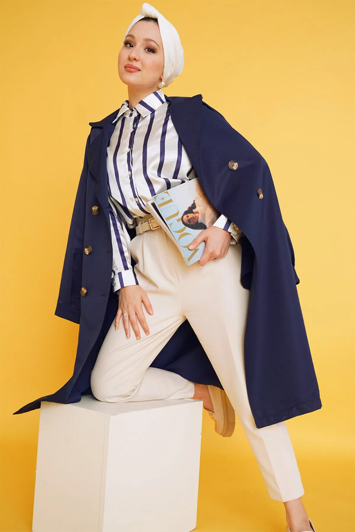 BGD Women T5853 Double-Breasted Collar Hijab Trench Coat - Navy Blue - Tracy