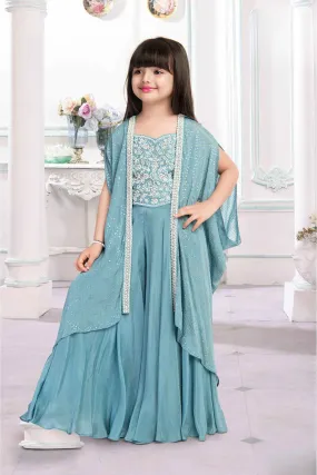 Blue Beads And Sequins Work Palazzo Set With Overcoat For Girls