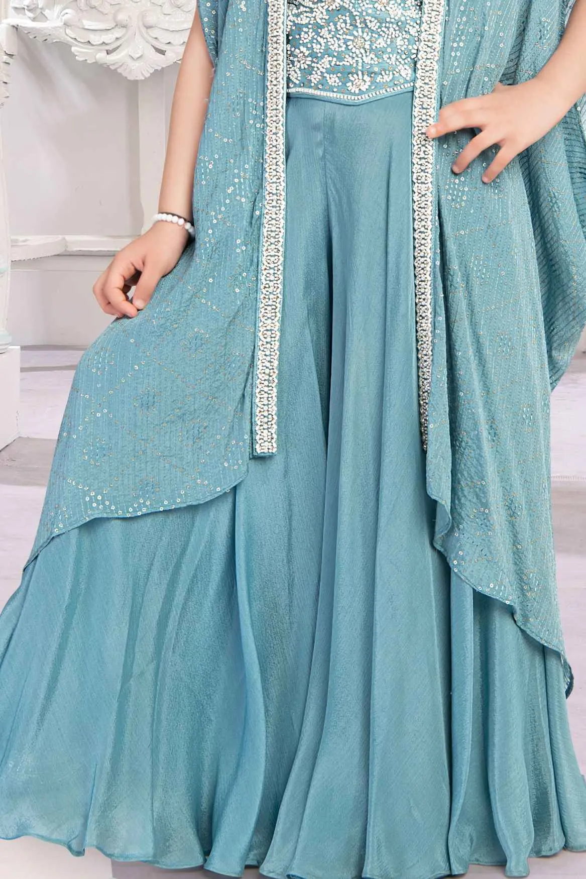 Blue Beads And Sequins Work Palazzo Set With Overcoat For Girls