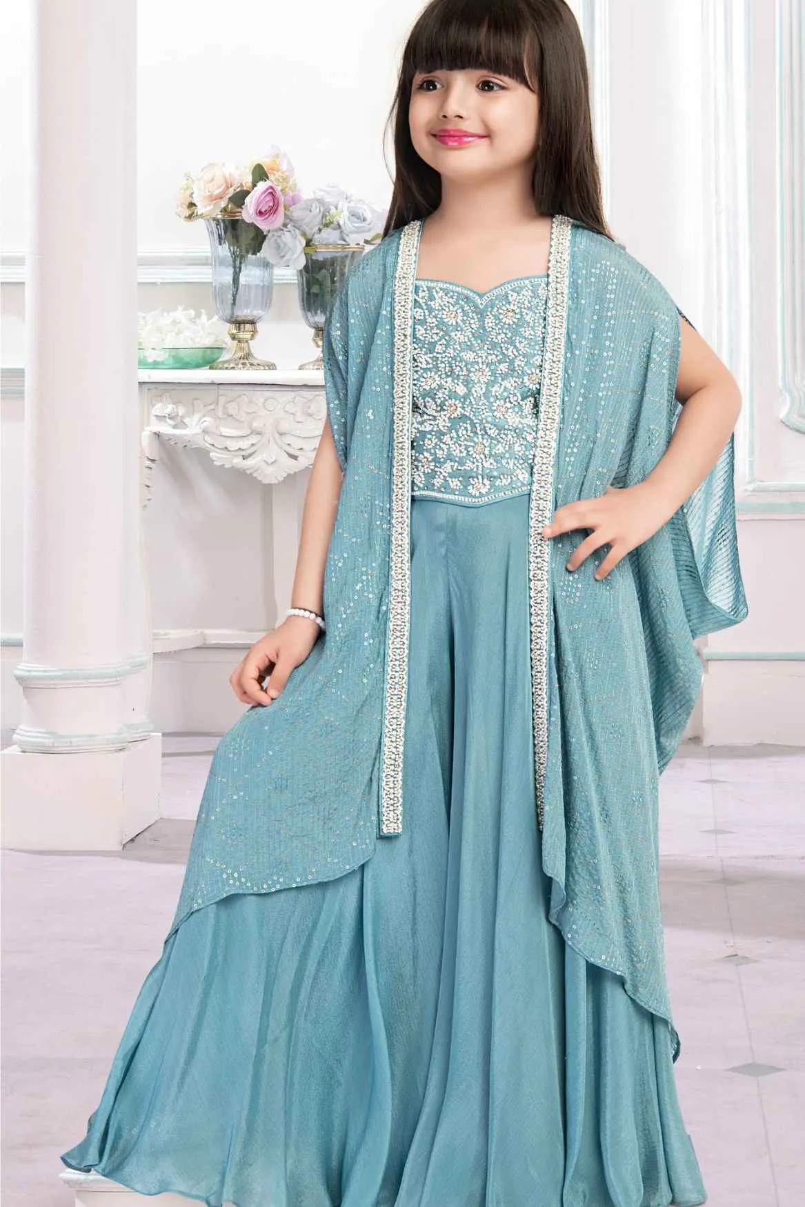 Blue Beads And Sequins Work Palazzo Set With Overcoat For Girls