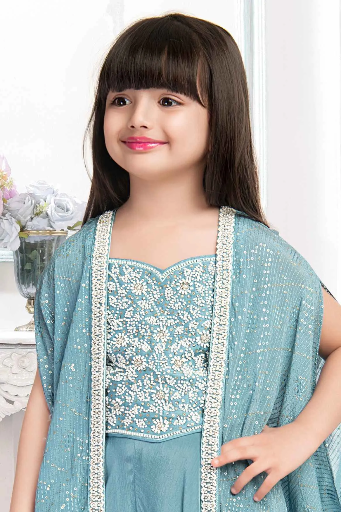 Blue Beads And Sequins Work Palazzo Set With Overcoat For Girls