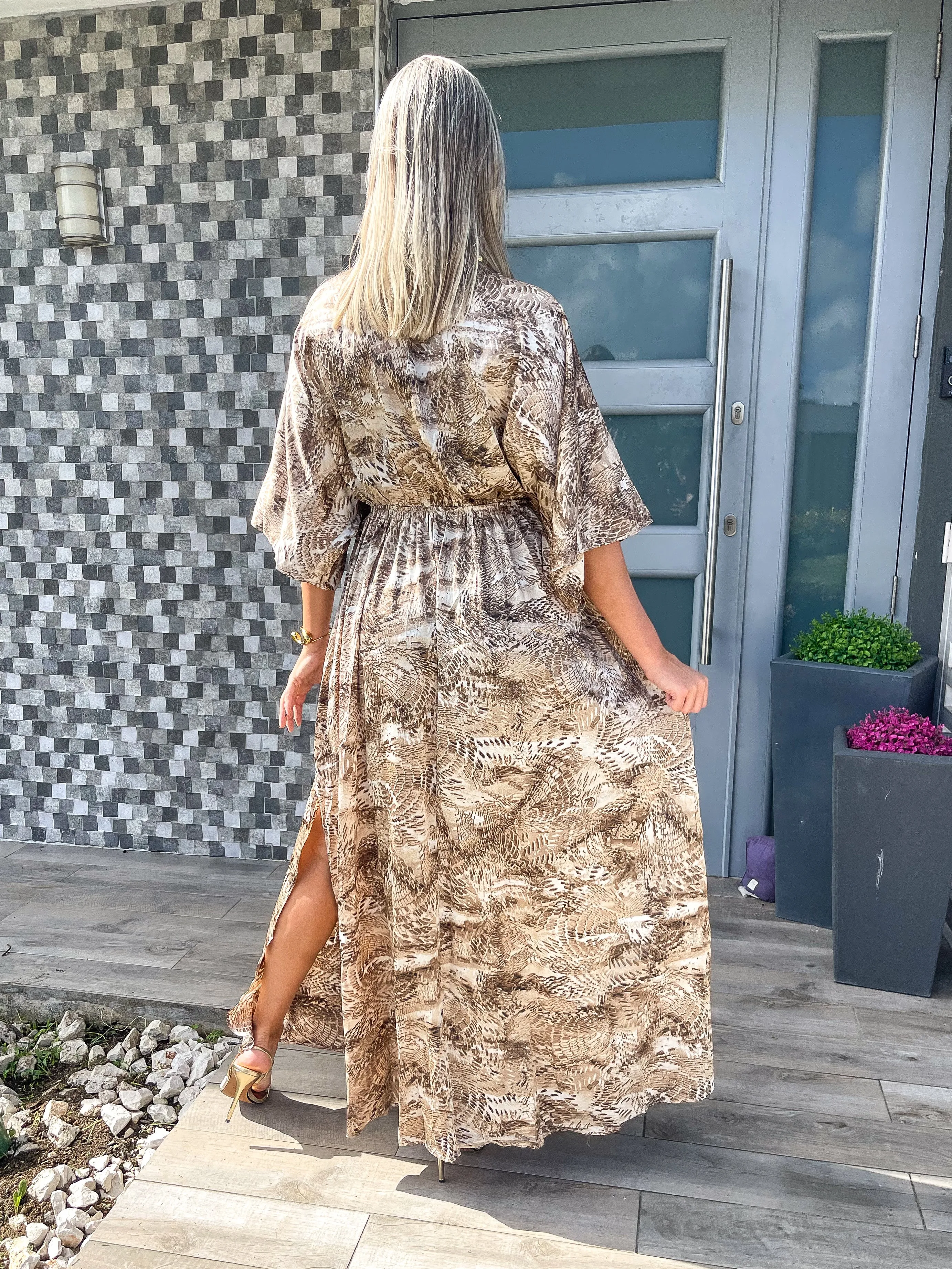 BROWN/BEIGE PRINT KIMONO SLEEVES MAXI DRESS