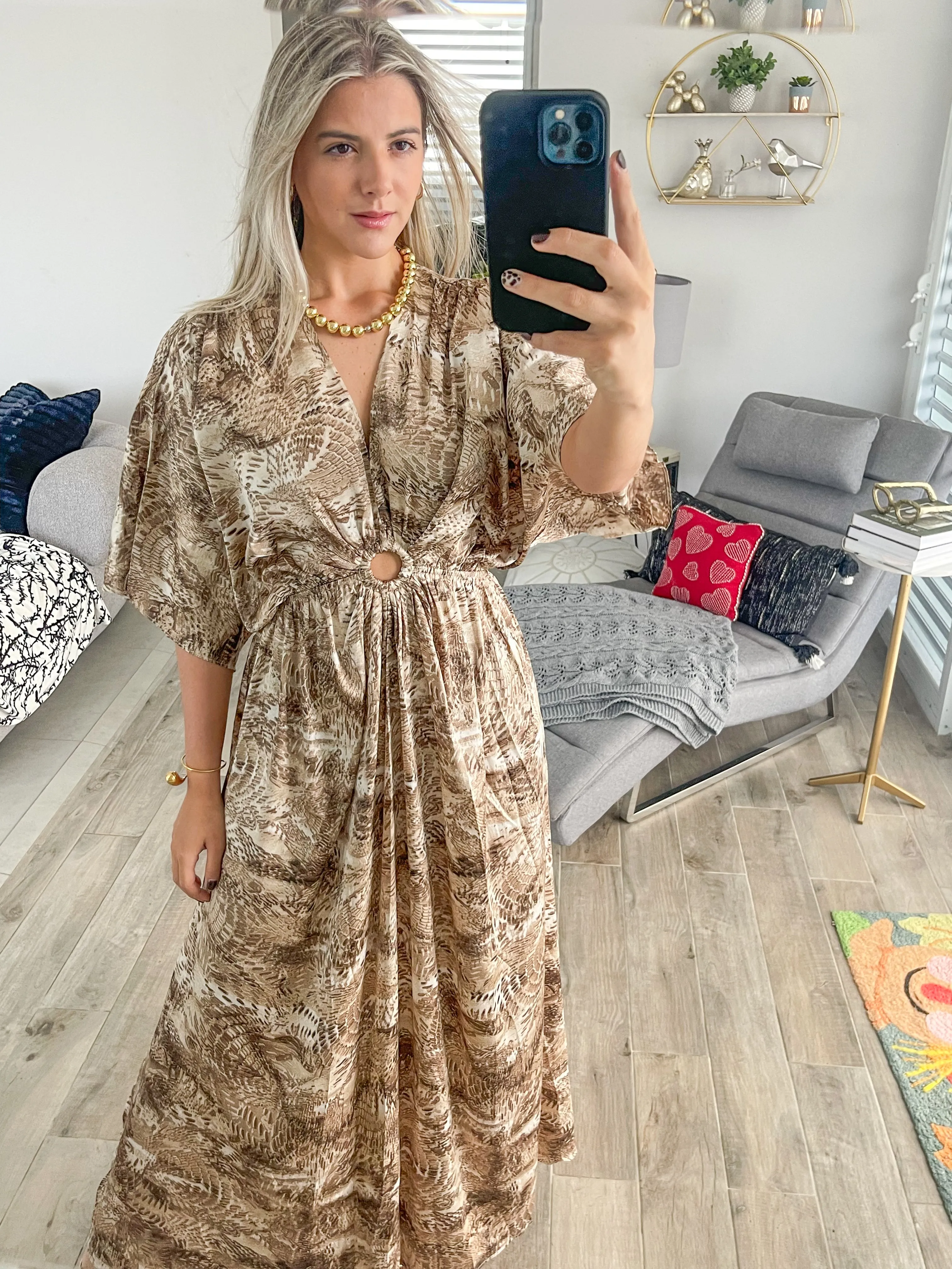 BROWN/BEIGE PRINT KIMONO SLEEVES MAXI DRESS