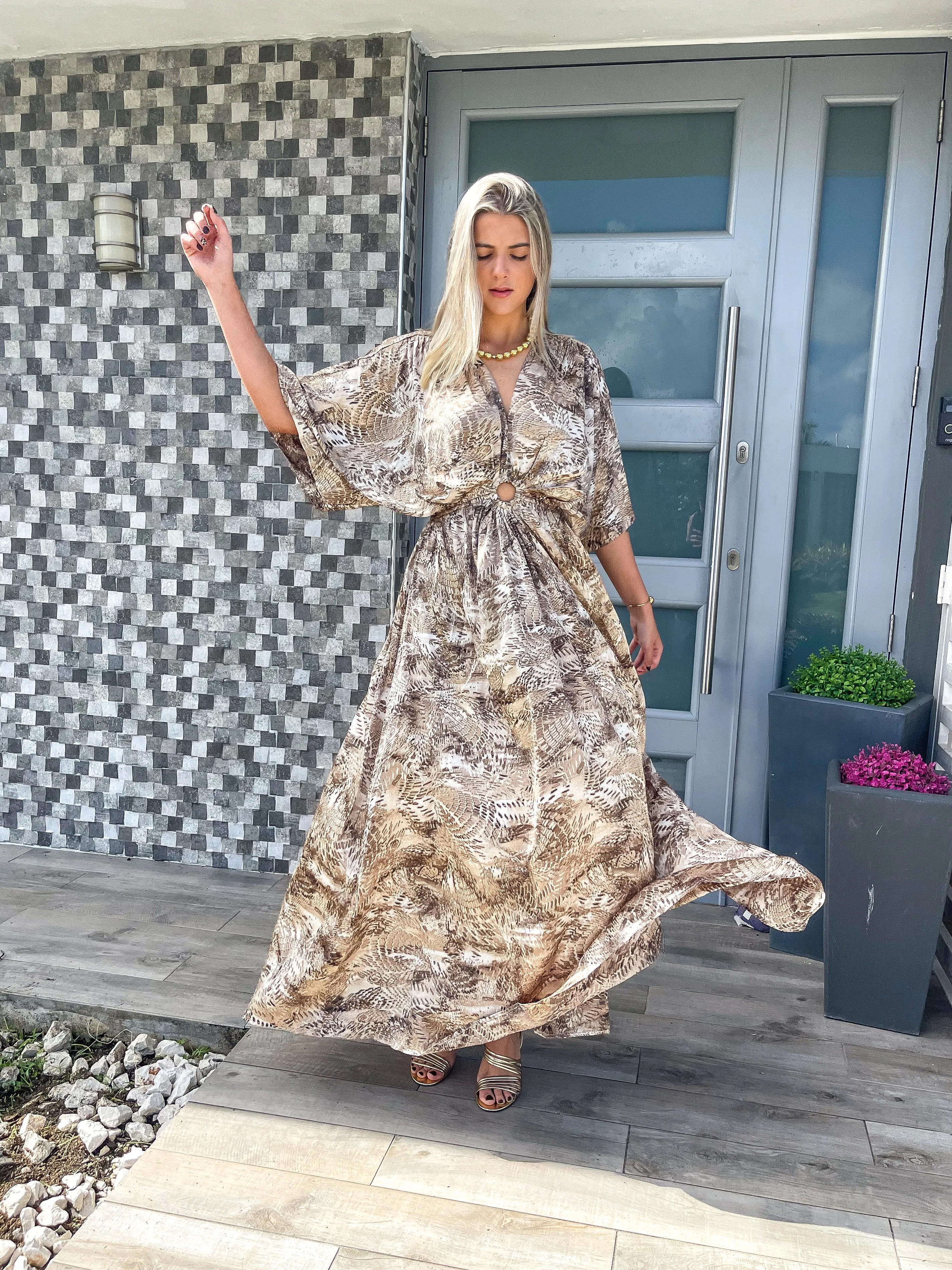 BROWN/BEIGE PRINT KIMONO SLEEVES MAXI DRESS