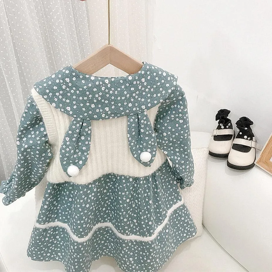 Bunny Ears Floral Dresses Knitted Vest Wholesale Girls Outfits Sets