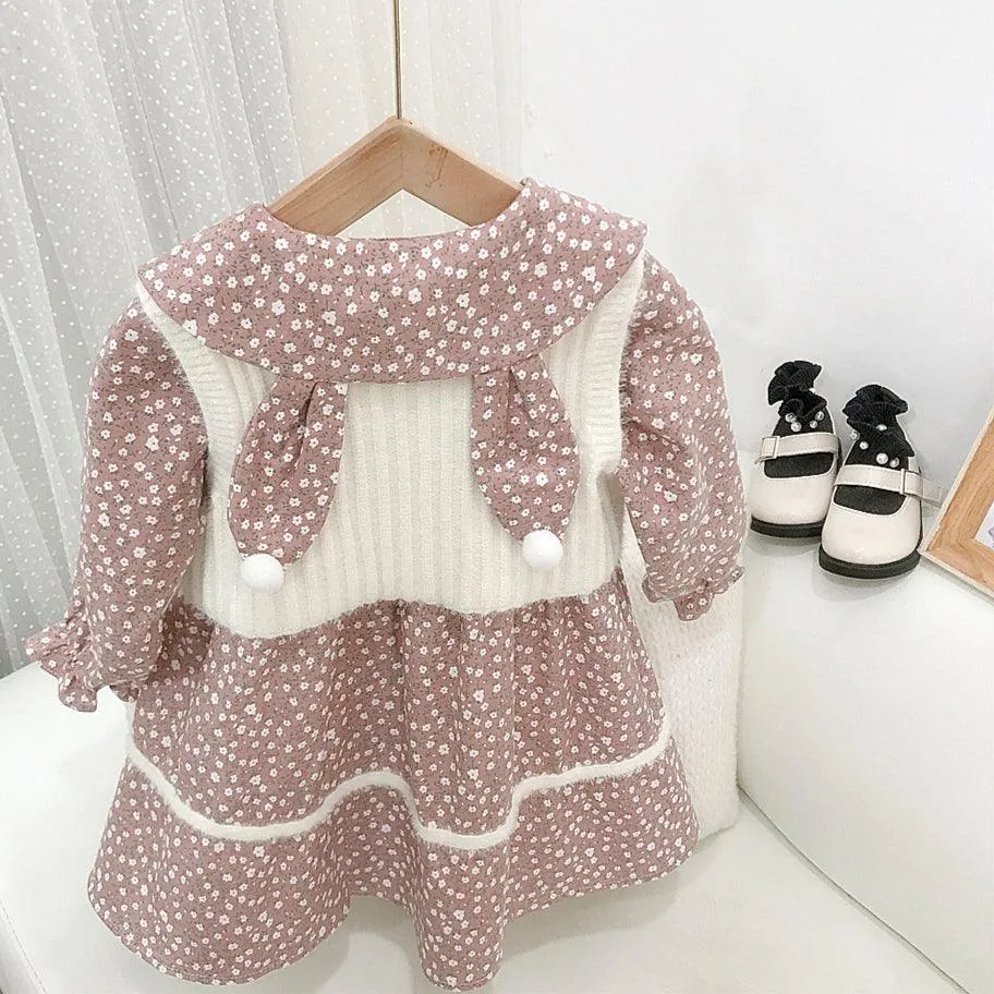 Bunny Ears Floral Dresses Knitted Vest Wholesale Girls Outfits Sets