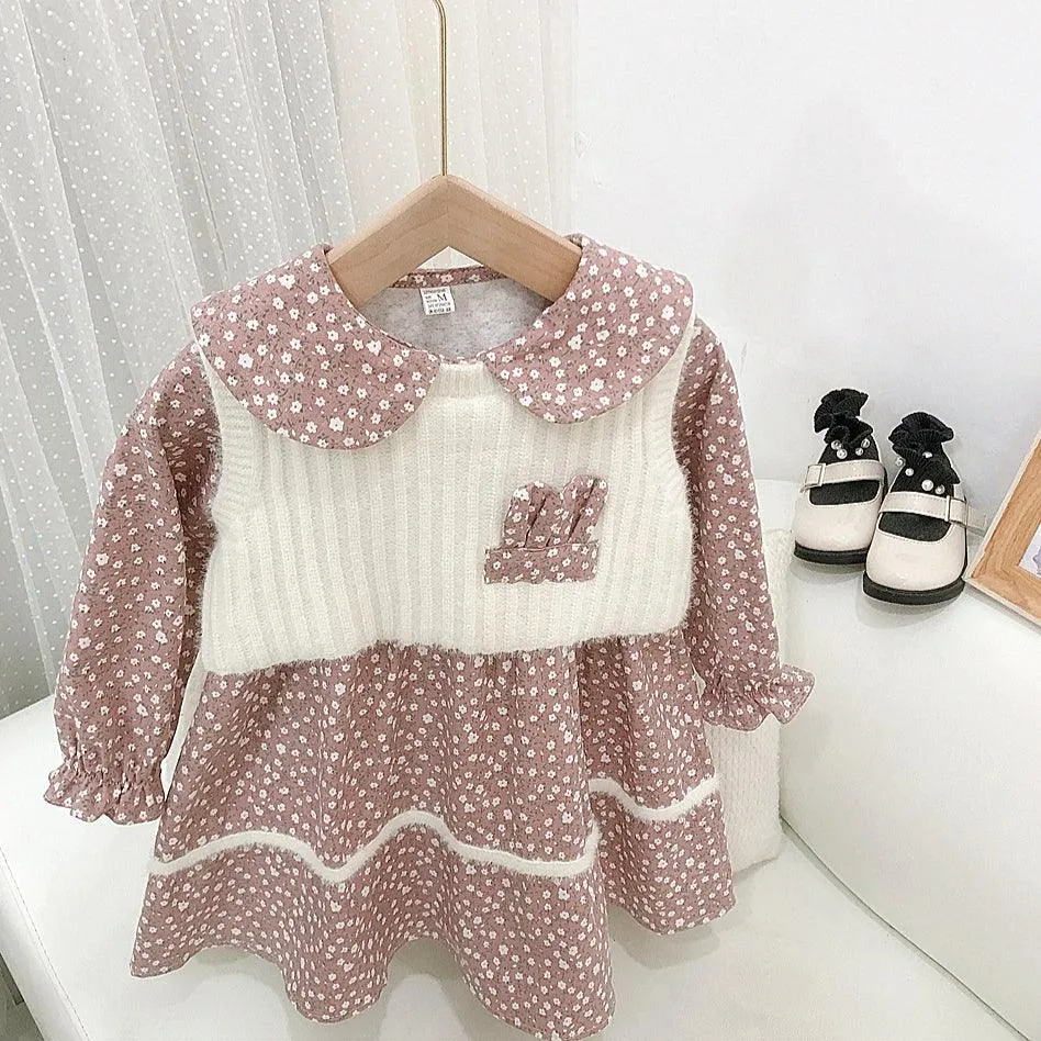 Bunny Ears Floral Dresses Knitted Vest Wholesale Girls Outfits Sets