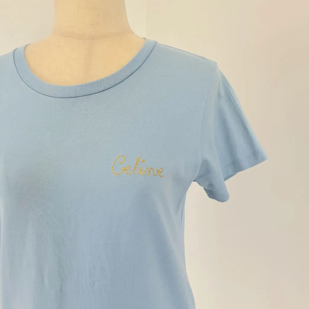 Celine Blue T-shirt with Cursive Embroidered Logo