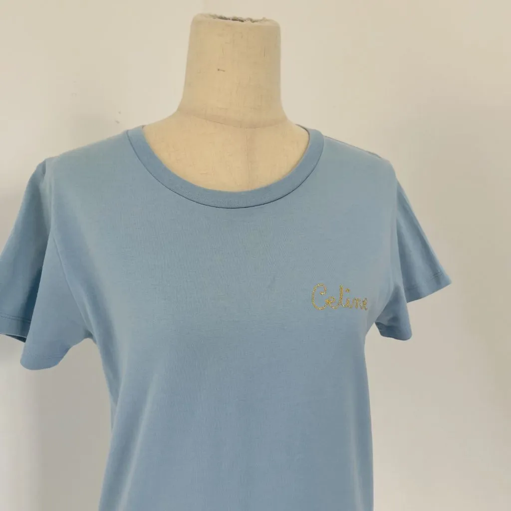 Celine Blue T-shirt with Cursive Embroidered Logo