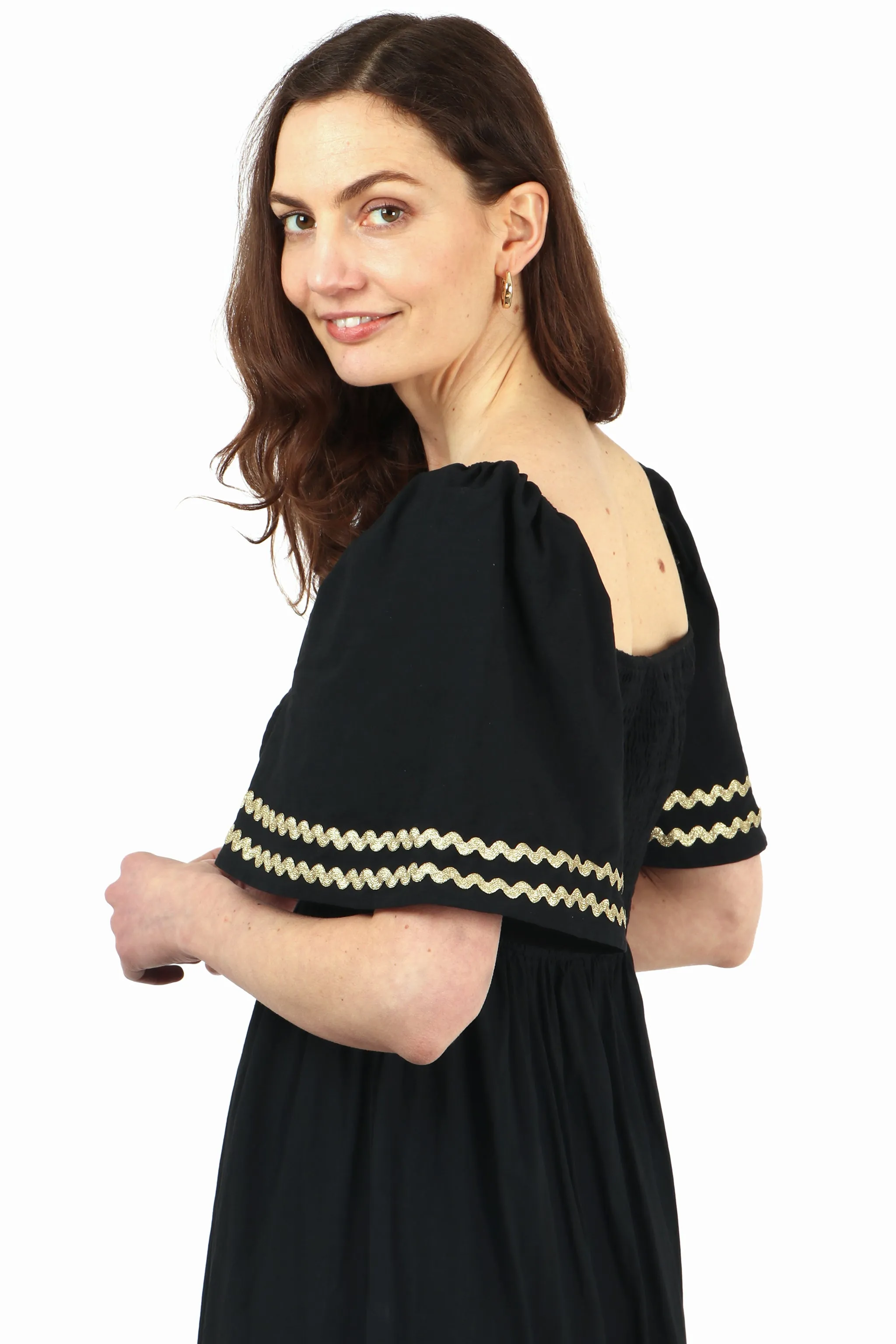 Cotton Milkmaid Shirred Maxi Dress with Trimmed Bell Sleeves in Black