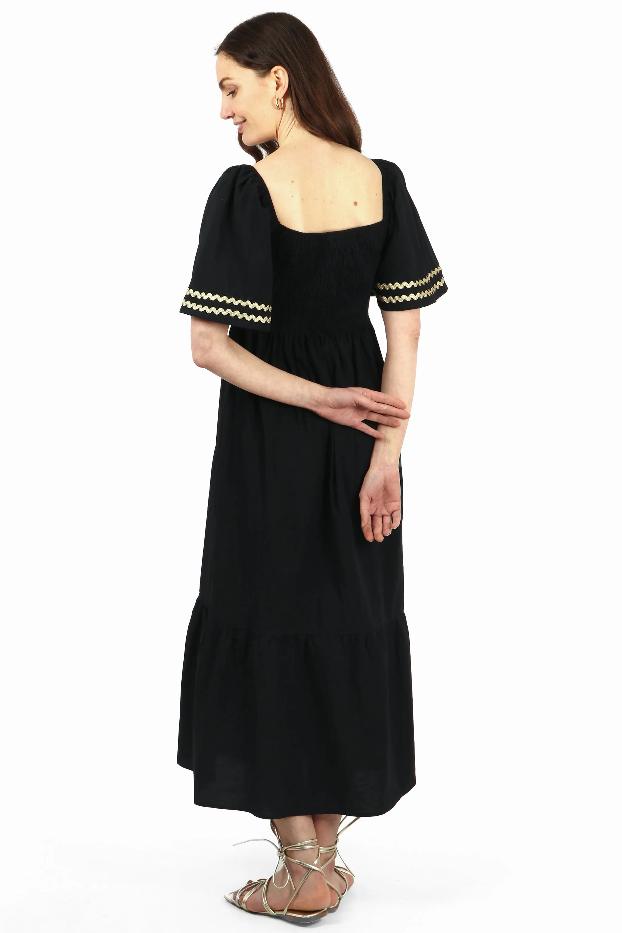 Cotton Milkmaid Shirred Maxi Dress with Trimmed Bell Sleeves in Black
