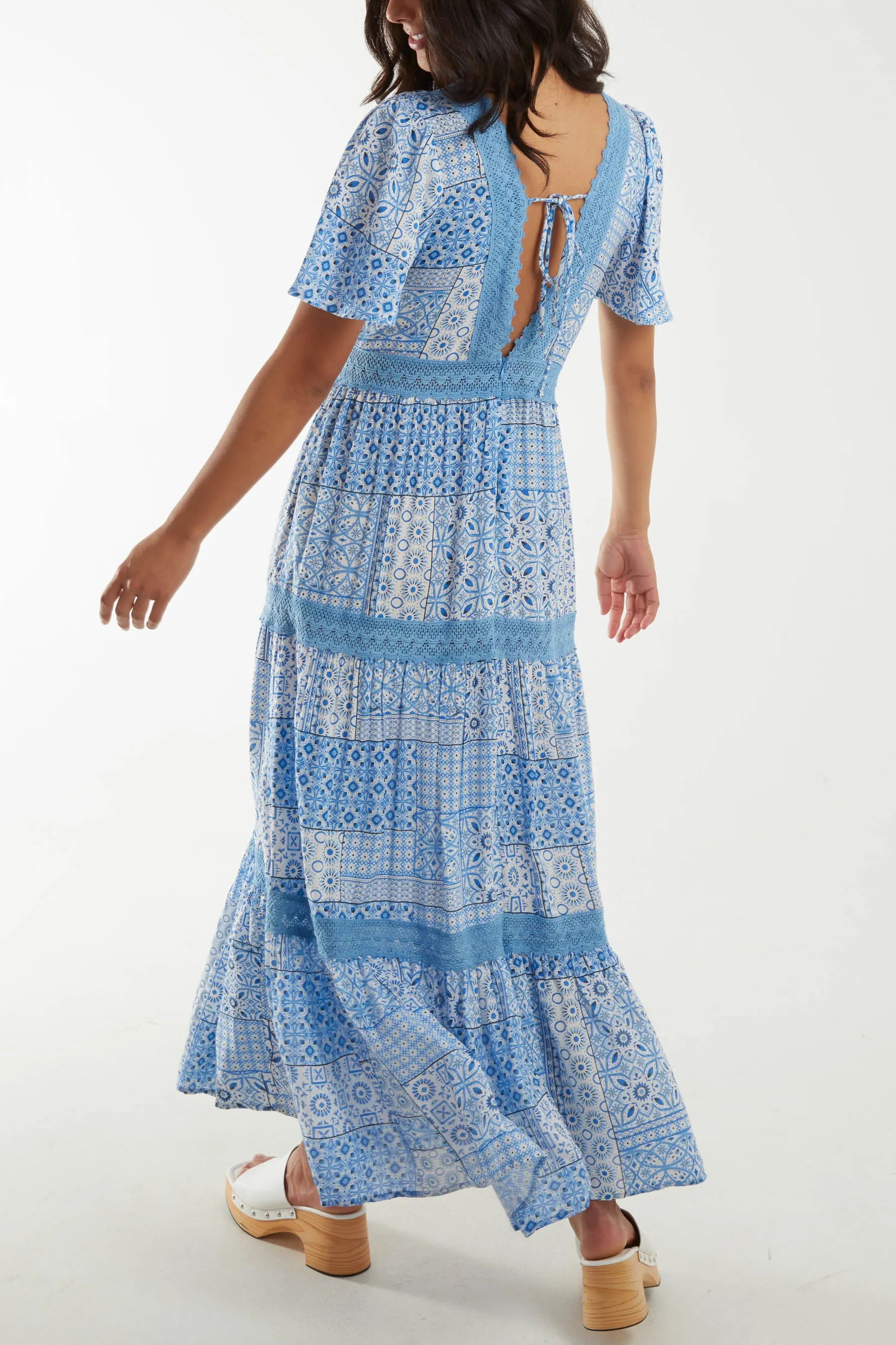Crochet Detail Patchwork Pattern Maxi Dress