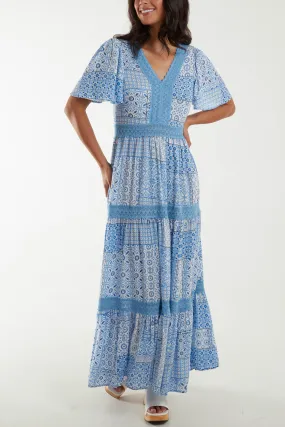 Crochet Detail Patchwork Pattern Maxi Dress