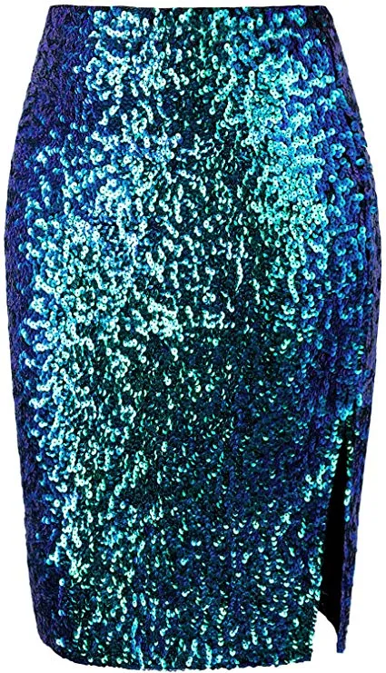 Crushed Silver Mixed Sequined Pencil Skirt