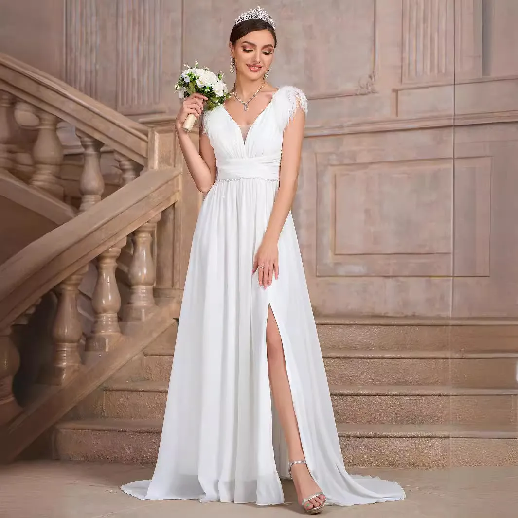 Elegant V neck Backless Velvet Collar Chiffon Split Evening Dress