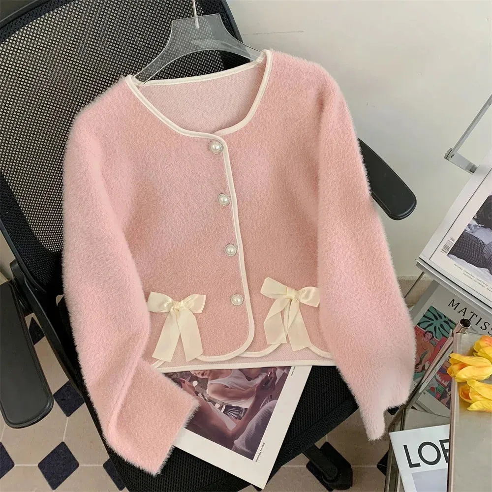 Faux Mink Cardigan with Bow