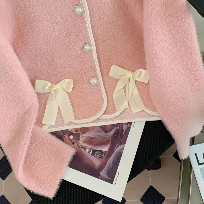 Faux Mink Cardigan with Bow