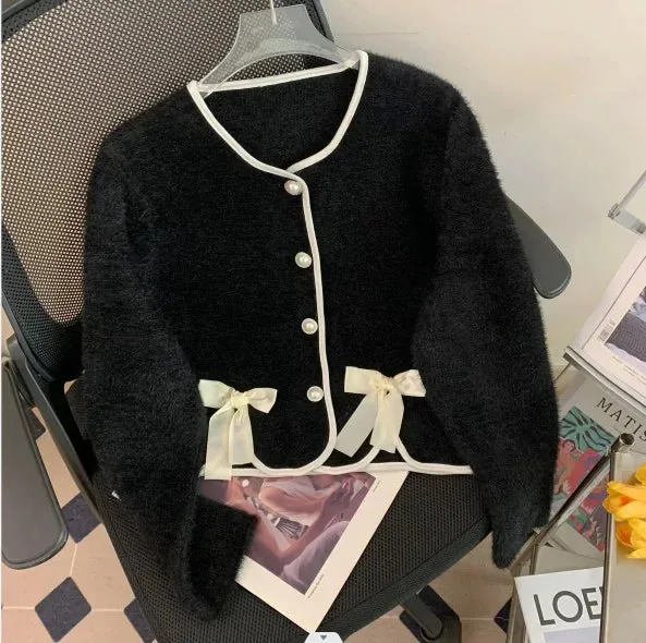 Faux Mink Cardigan with Bow