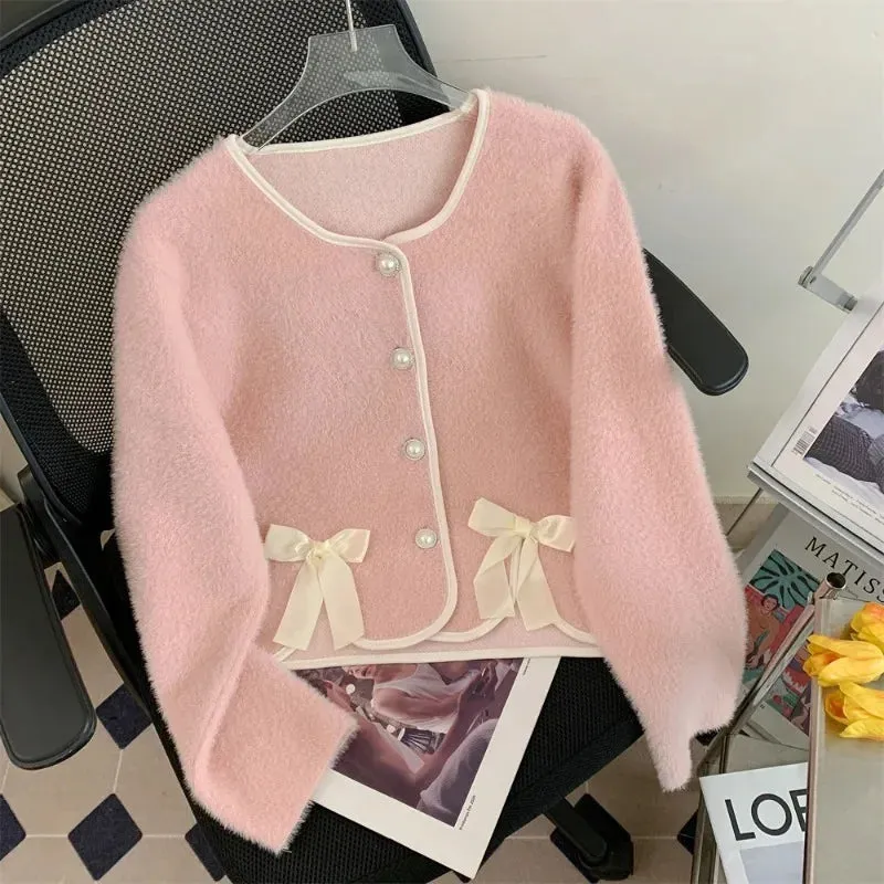 Faux Mink Cardigan with Bow