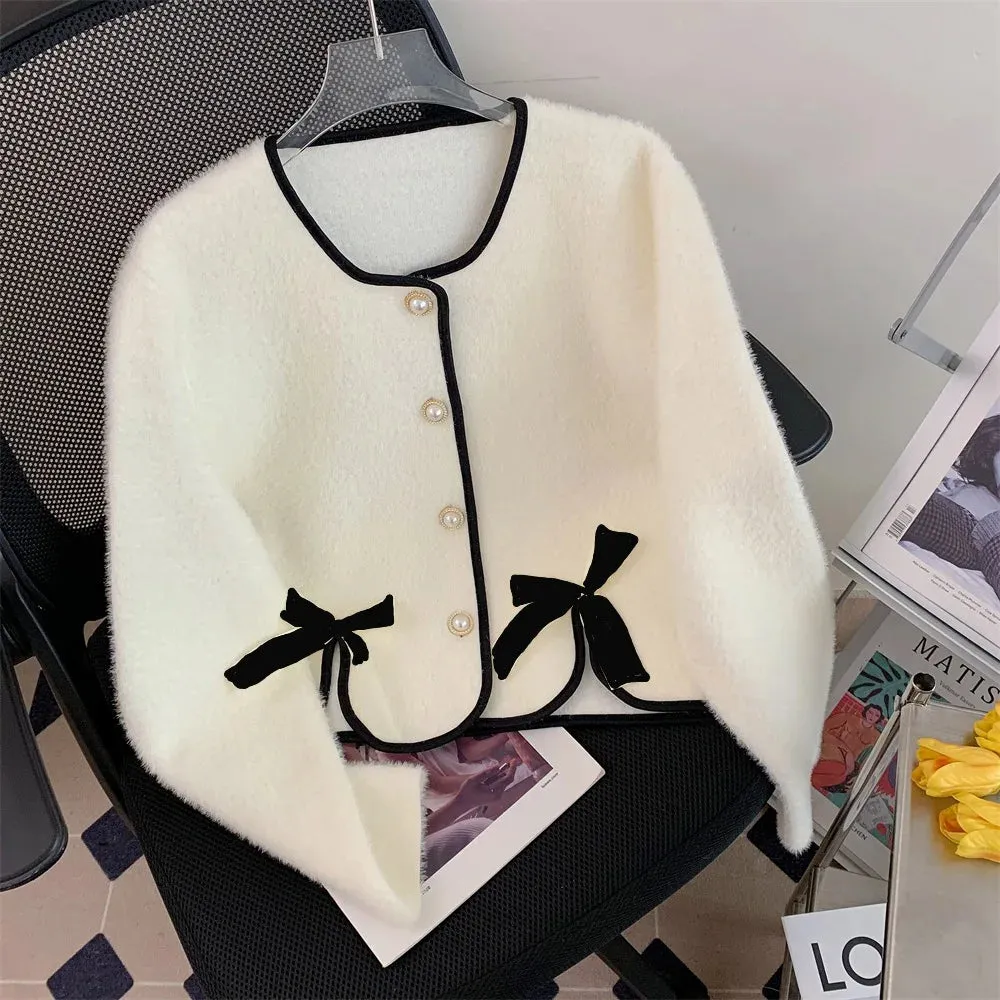 Faux Mink Cardigan with Bow