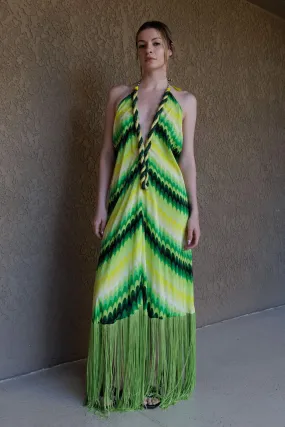 Green Stripe Print Fringe Dress