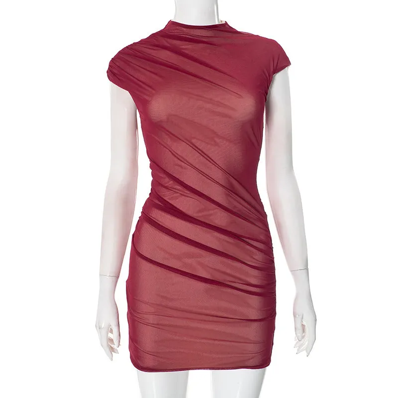 Half Turtleneck Mesh Sleeveless Short Party Dress