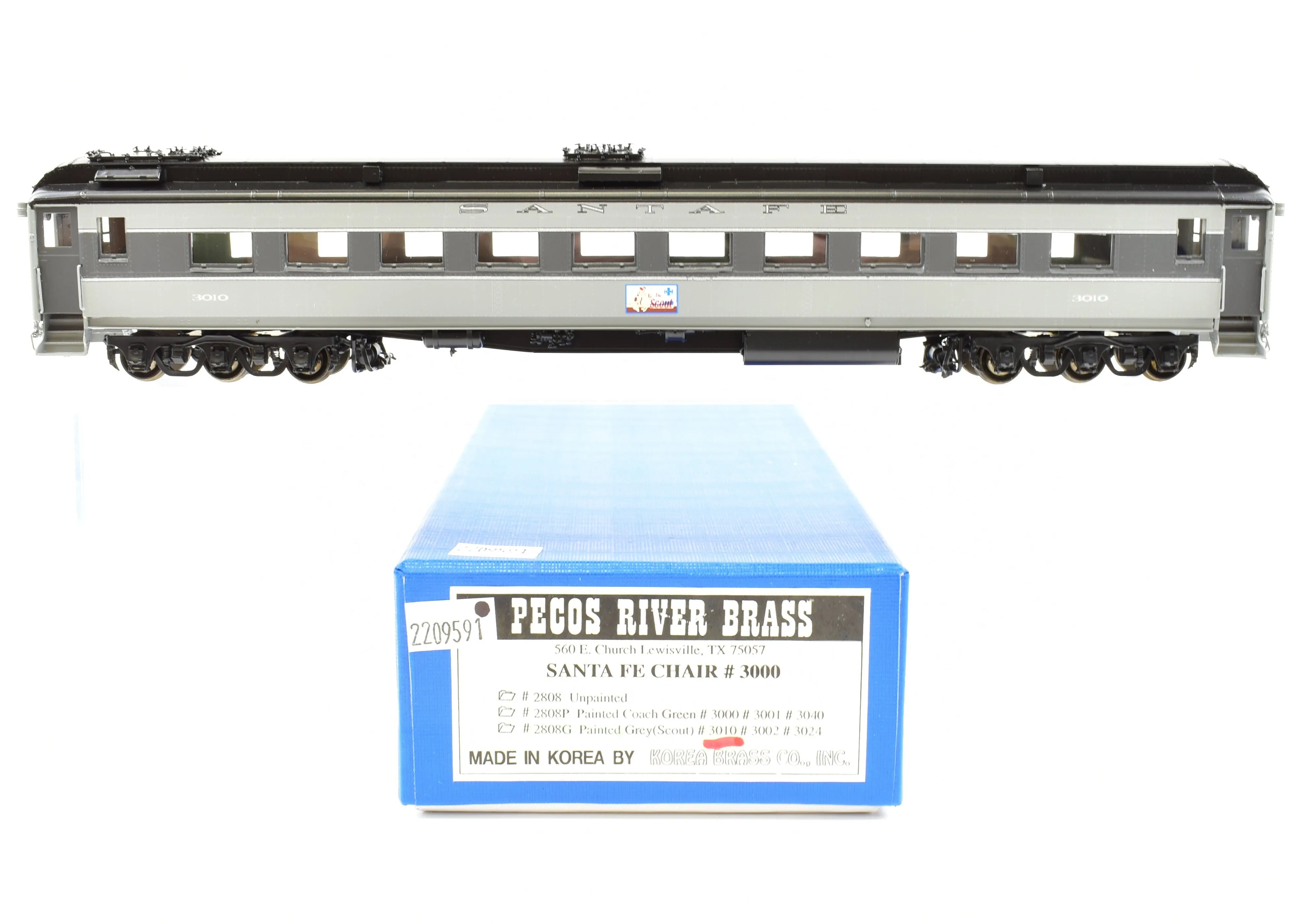 HO Brass Pecos River Brass ATSF - Santa Fe Heavyweight 3000 Series Chair Car FP Grey "The Scout"