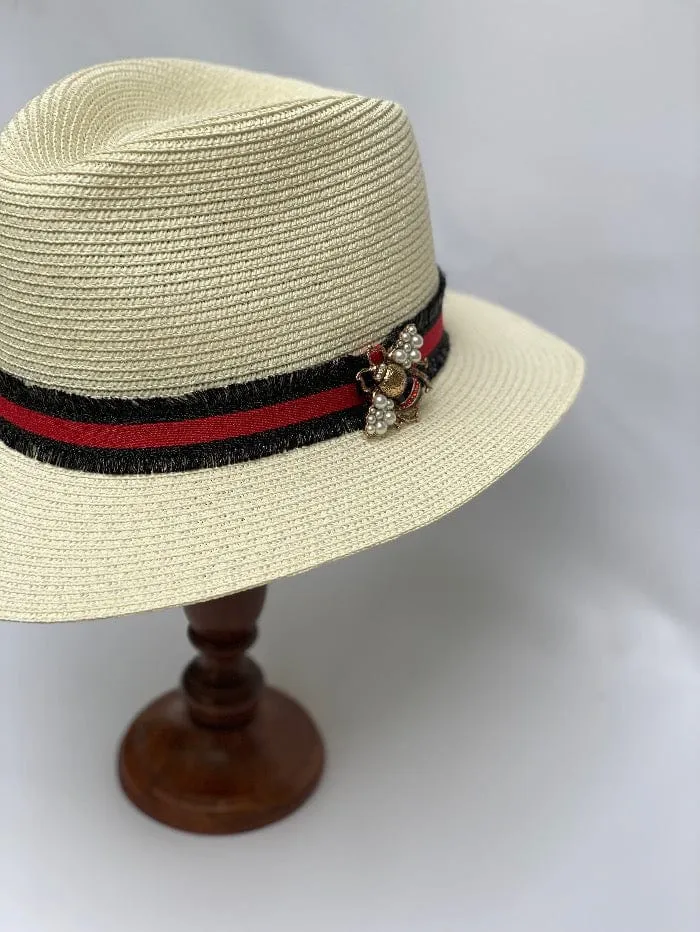 Izzi Accessories Cream Summer Fedora Hat With Black and Red Fringe Ribbon and Bee Broach