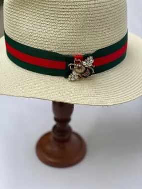 Izzi Accessories Cream Summer Fedora Hat With Green and Red Striped Ribbon and Bee Broach