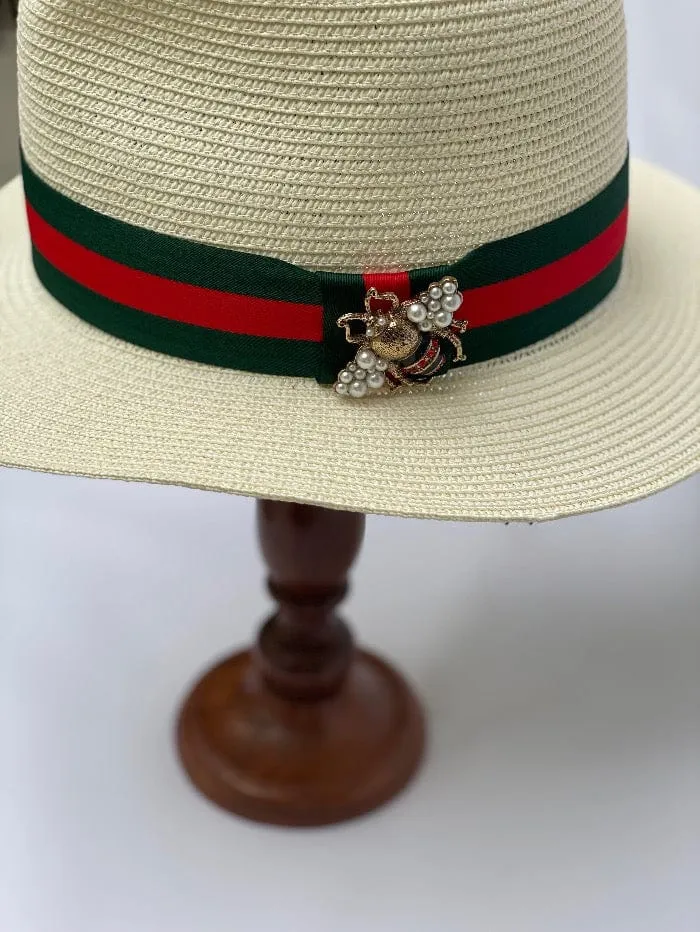 Izzi Accessories Cream Summer Fedora Hat With Green and Red Striped Ribbon and Bee Broach