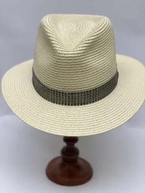 Izzi Accessories Cream Summer Fedora Hat With Khaki Green Sparkle Band