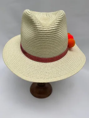 Izzi Accessories Cream Summer Fedora Hat With Pink Sparkle Band and Pom Poms