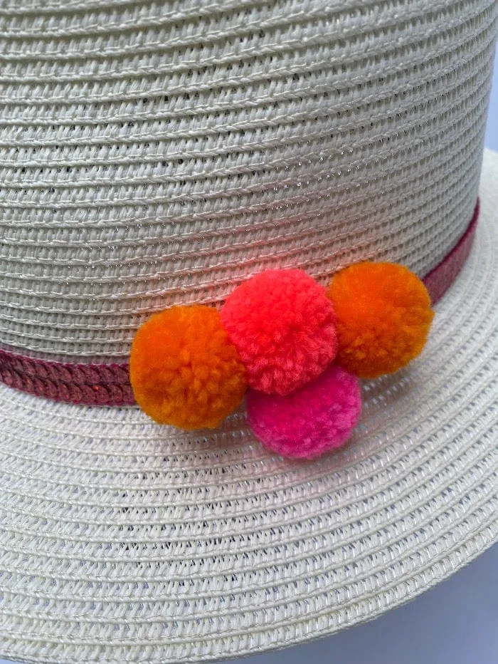 Izzi Accessories Cream Summer Fedora Hat With Pink Sparkle Band and Pom Poms