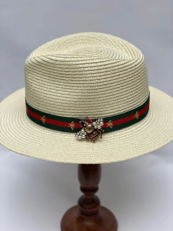 Izzi Accessories Cream Summer Fedora Hat With Thin Green and Red Striped Gold Bee Ribbon and Bee Broach
