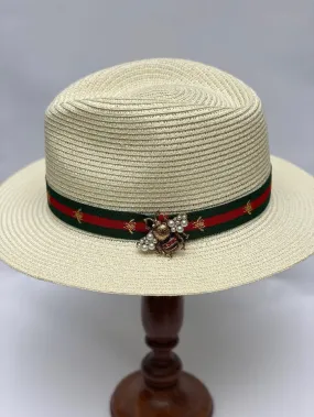 Izzi Accessories Cream Summer Fedora Hat With Thin Green and Red Striped Gold Bee Ribbon and Bee Broach