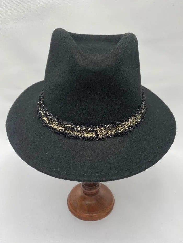 Izzi Accessories Fedora Black Hat With Boucle Tweed Band