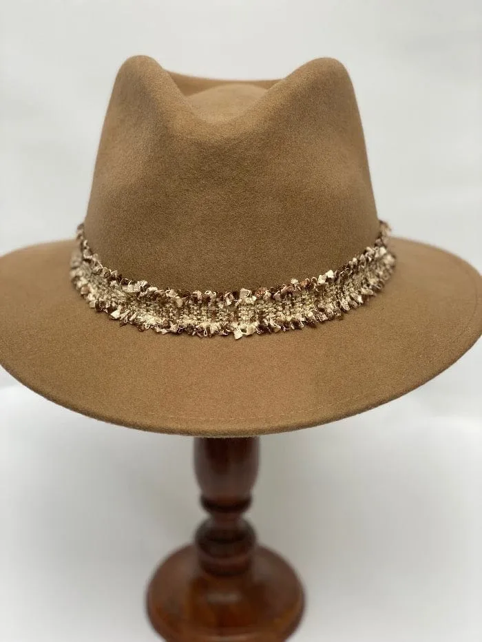 Izzi Accessories Fedora Camel Hat With Boucle Tweed Band