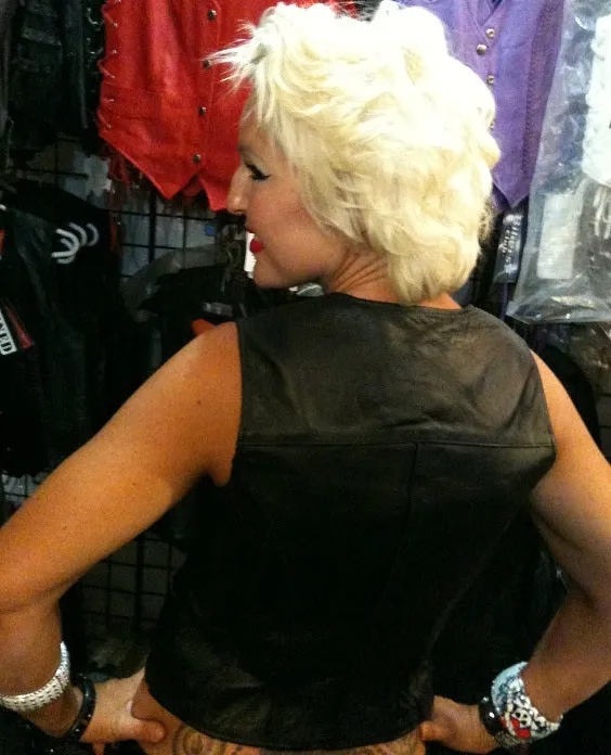 Ladies Women soft leather biker motorcycle vest black concealed carry #HL14500B