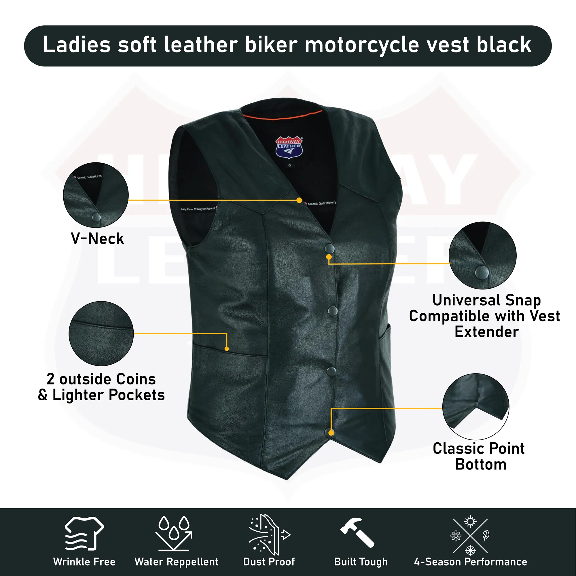Ladies Women soft leather biker motorcycle vest black concealed carry #HL14500B