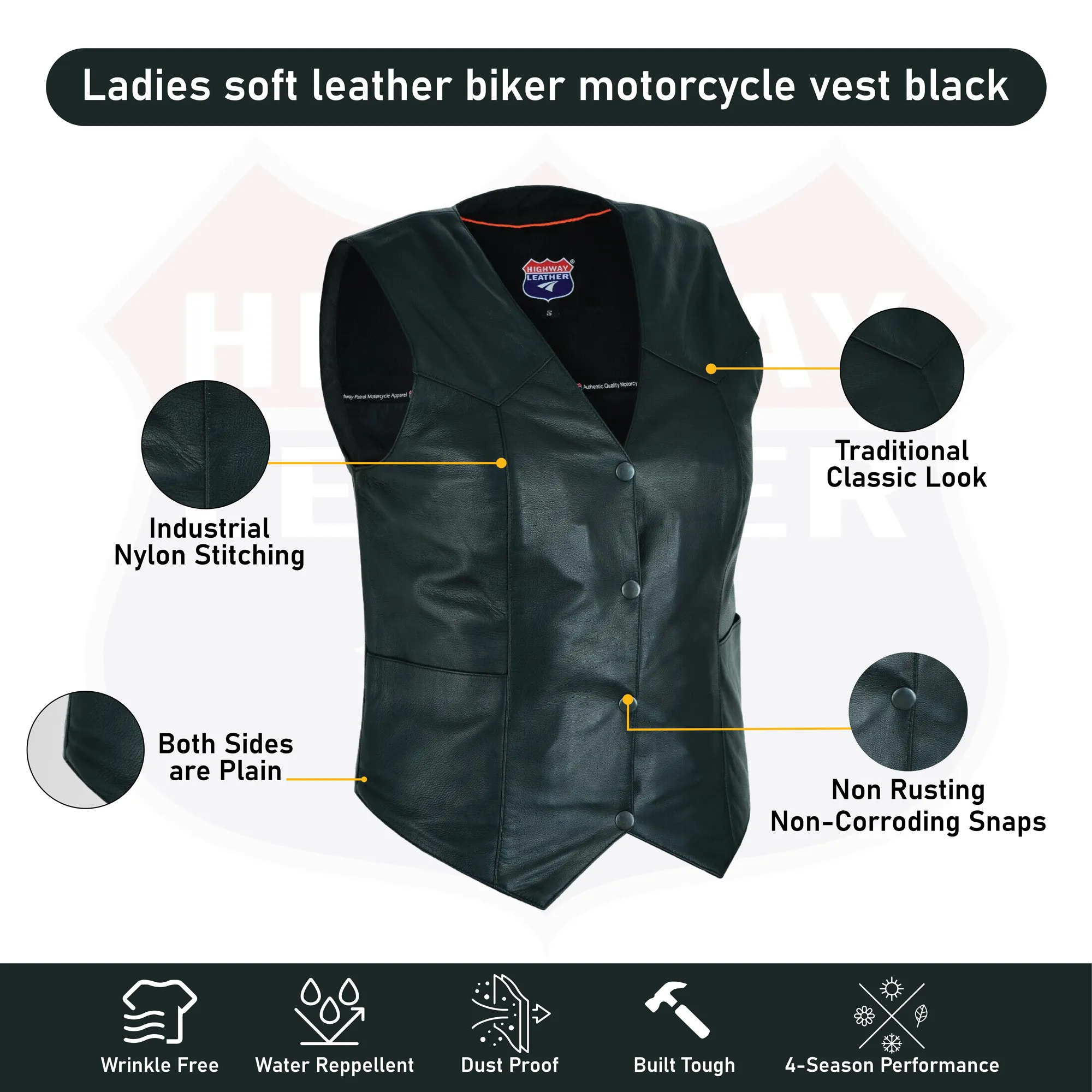 Ladies Women soft leather biker motorcycle vest black concealed carry #HL14500B