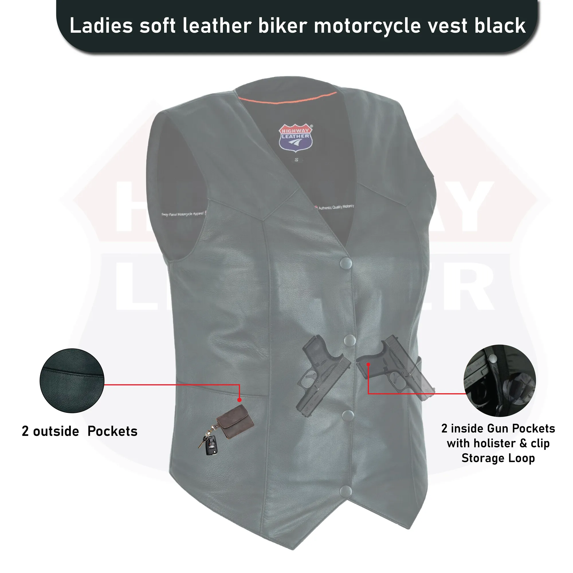 Ladies Women soft leather biker motorcycle vest black concealed carry #HL14500B