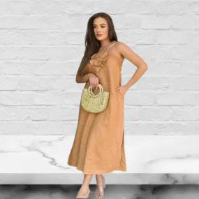 Linen Blend Floral Embellishment Pocketed Slit Maxi Dress