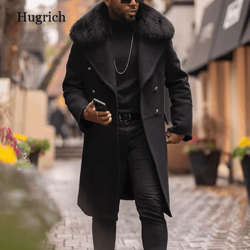 Mens Black Overcoat With Fur Collar - Wool Topcoat