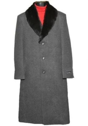 Men's Fur Collar Charcoal Grey 3 Button Single Breasted Wool Full Length Overcoat