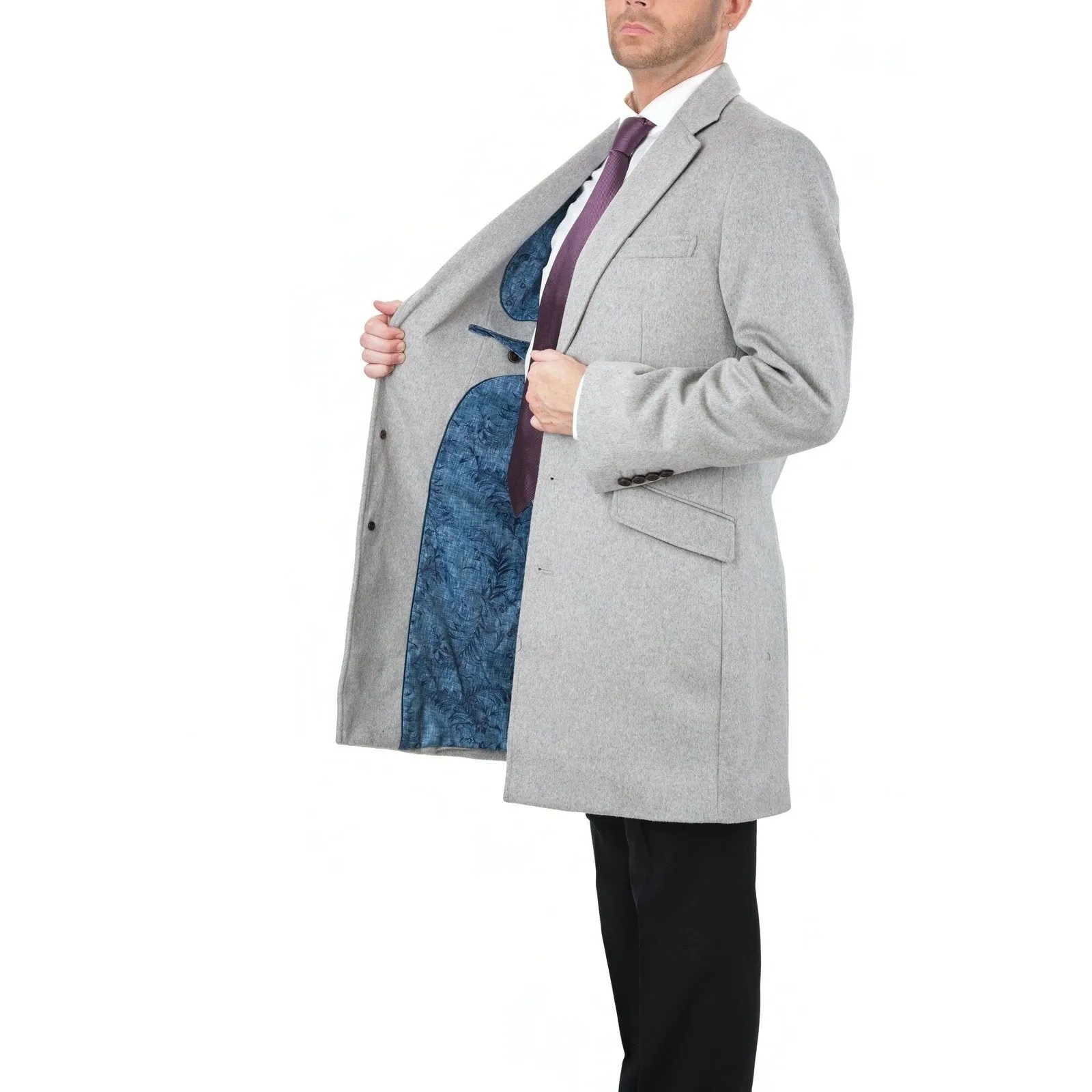 Men's Wool Cashmere Single Breasted Light Gray 3/4 Length Car Coat Top Coat
