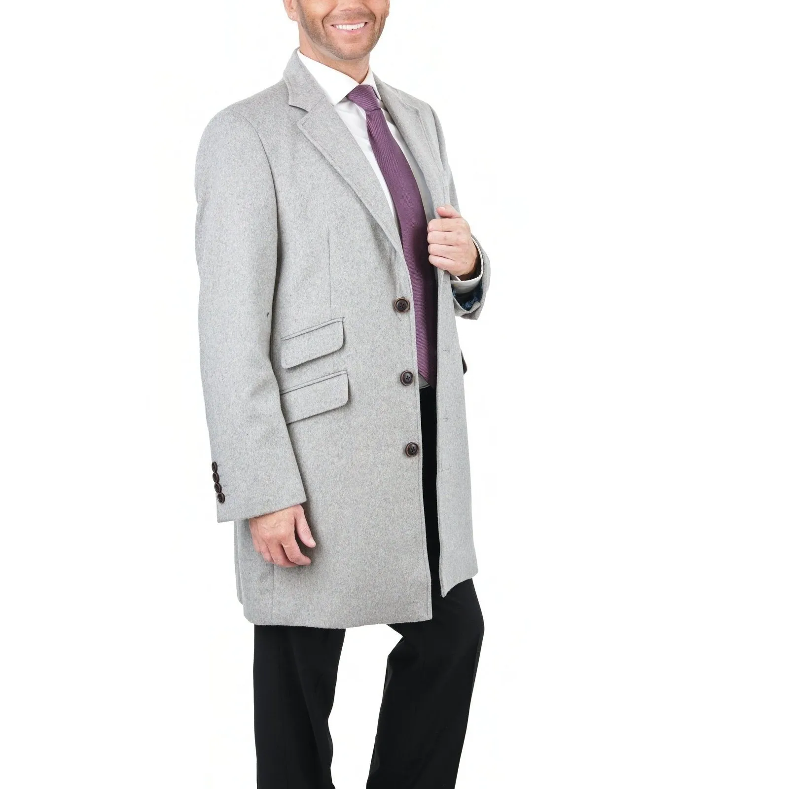 Men's Wool Cashmere Single Breasted Light Gray 3/4 Length Car Coat Top Coat